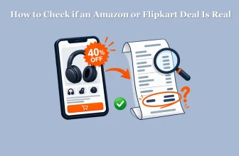 How to check if an Amazon or Flipkart deal is real: phone showing a 40% off badge next to a receipt with a different final amount